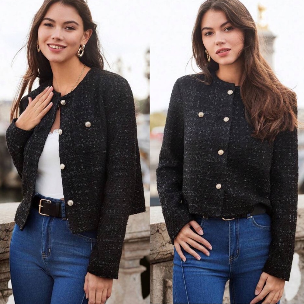 Black tweed textured button front collarless blazer cardigan jacket